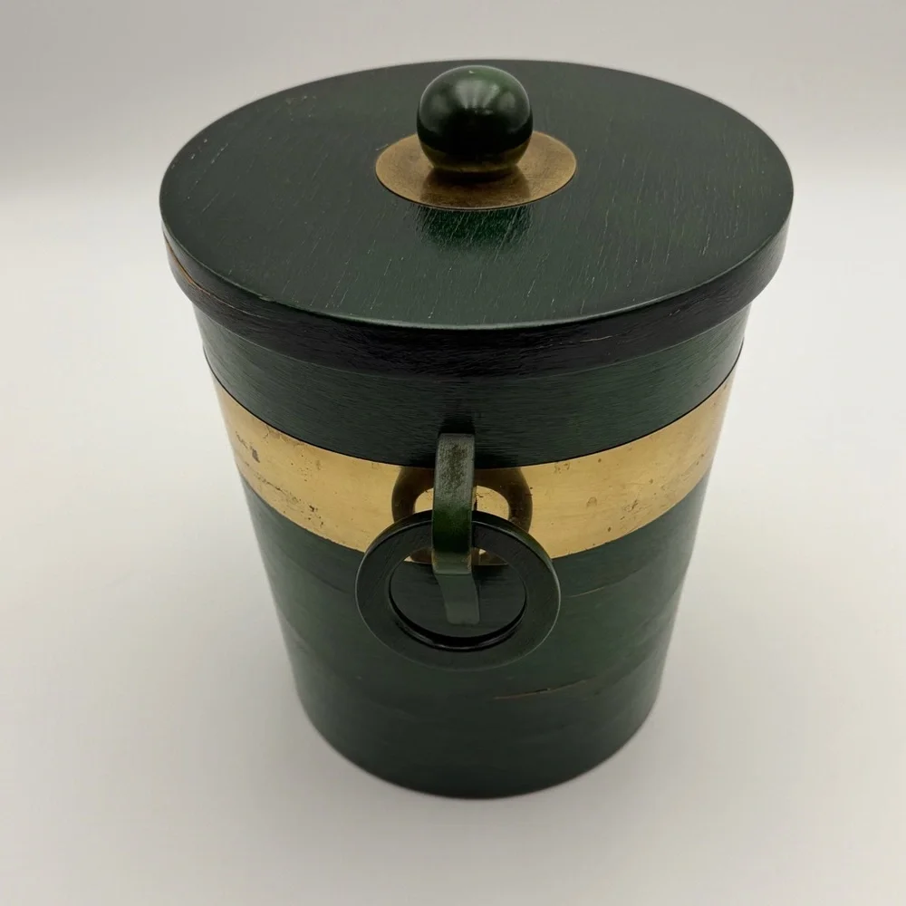 Vintage Ice Bucket Mid Century Modern Green with Gold Trim Plastic Liner
